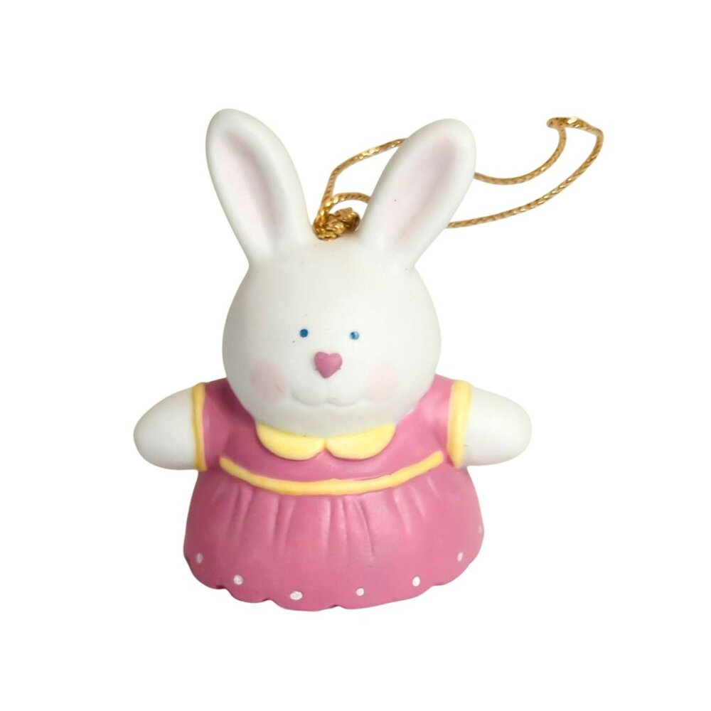 Vintage Russ Ceramic Bunny Bell Ornament Pink Dress Hanging 14997